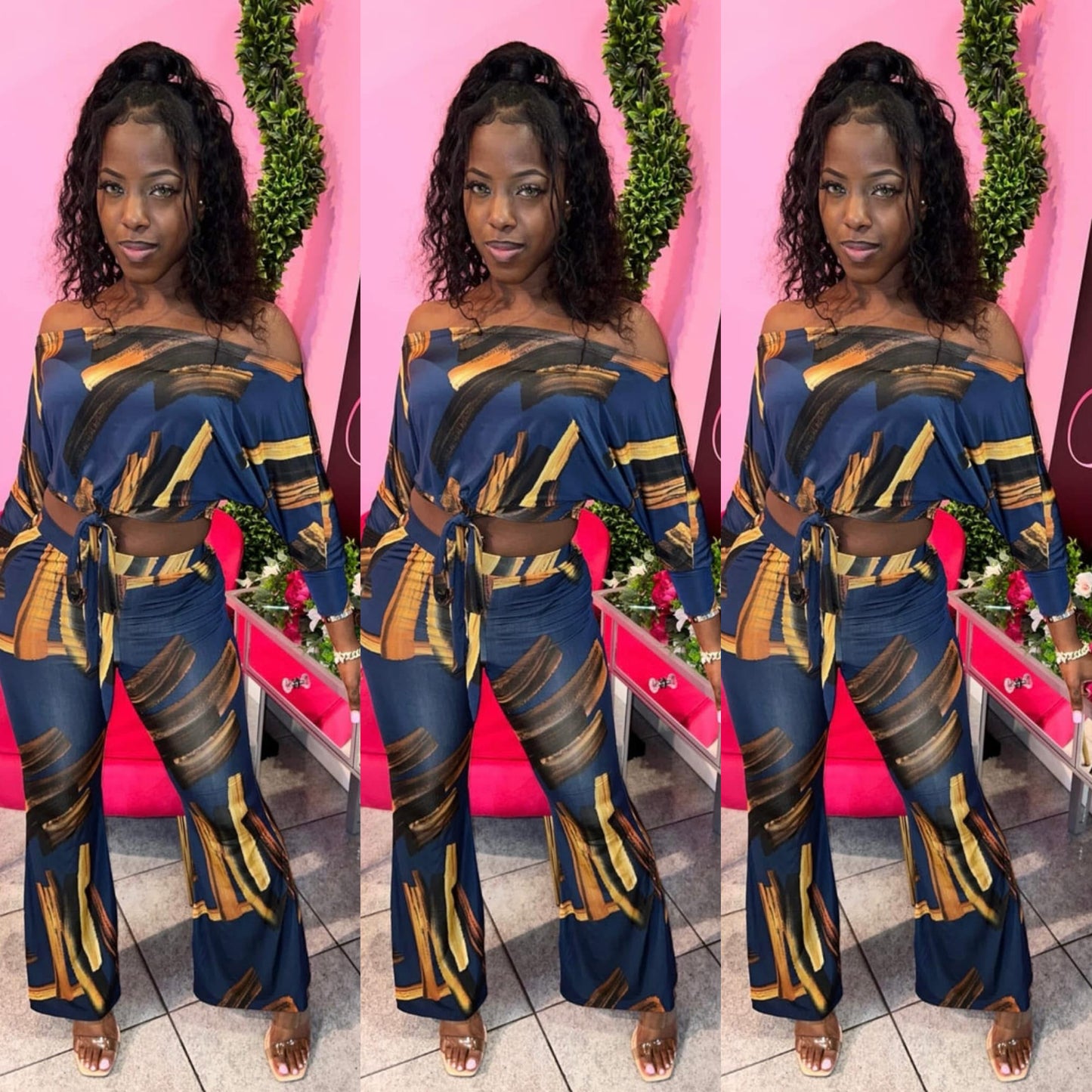 Two piece multicolored crop top set