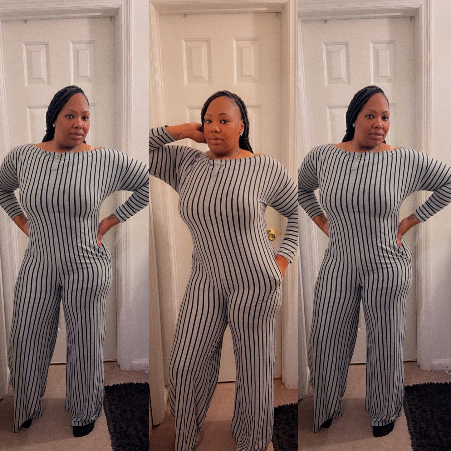 Striped off shoulder jumpsuit Grey/black