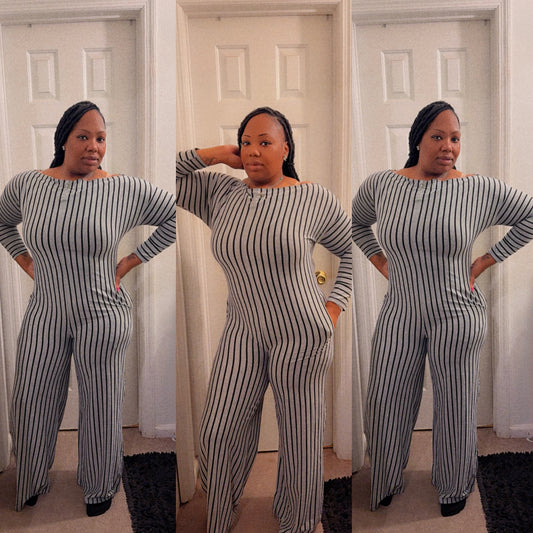 Striped off shoulder jumpsuit Grey/black