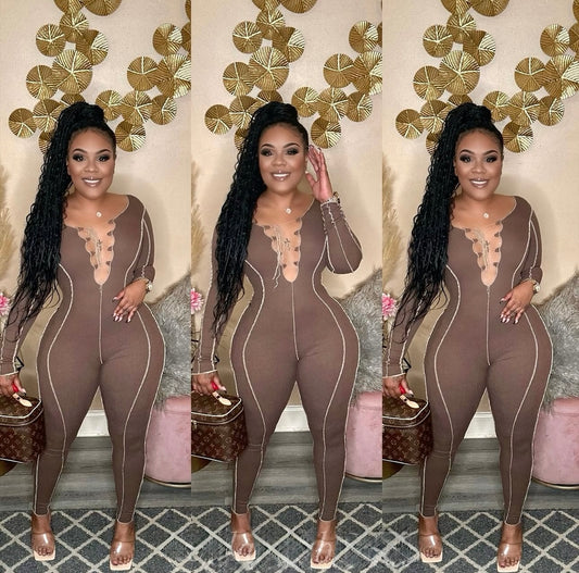 Brown stitched ribbed jumpsuit