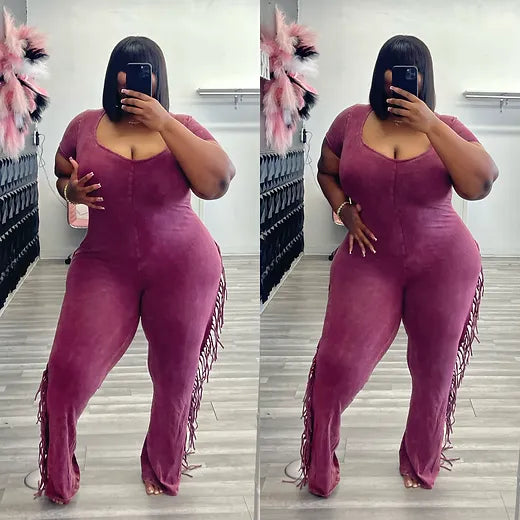 Plus Size Burgundy Fringe Jumpsuit