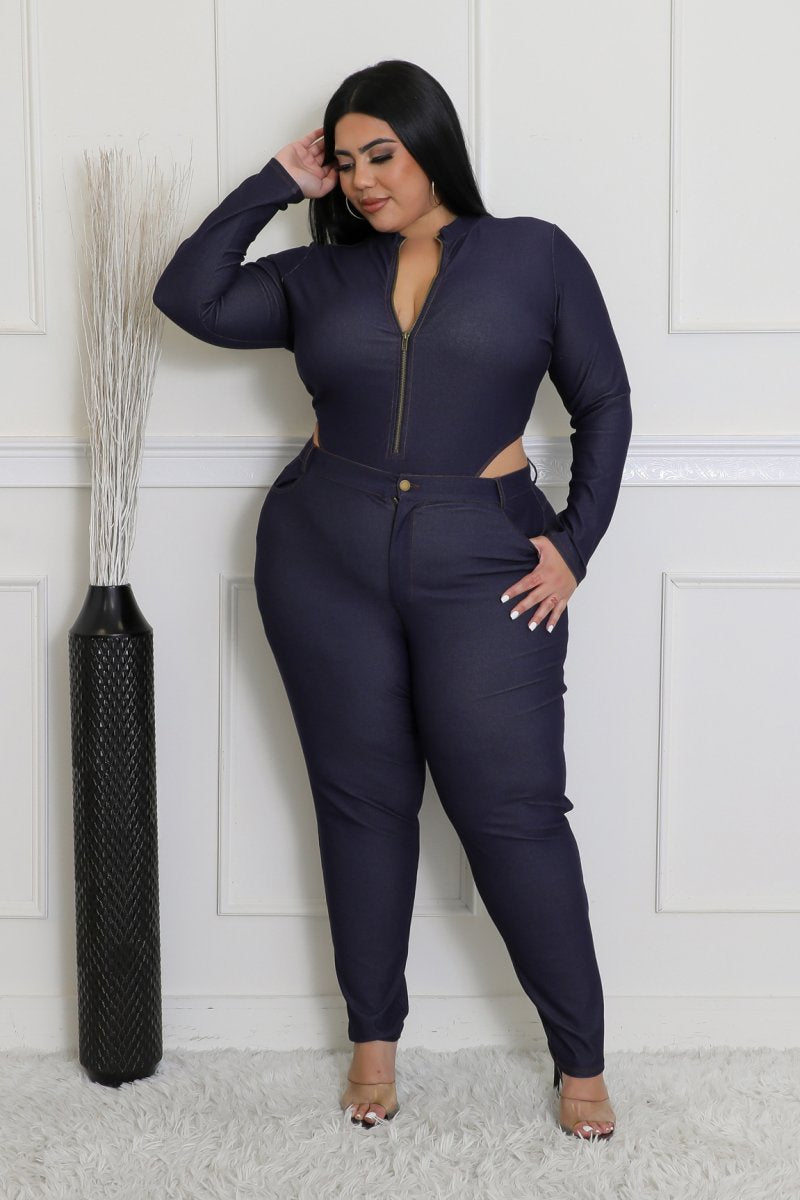 Plus Size Did It Again Bodysuit Pant Set(Dark Denim)