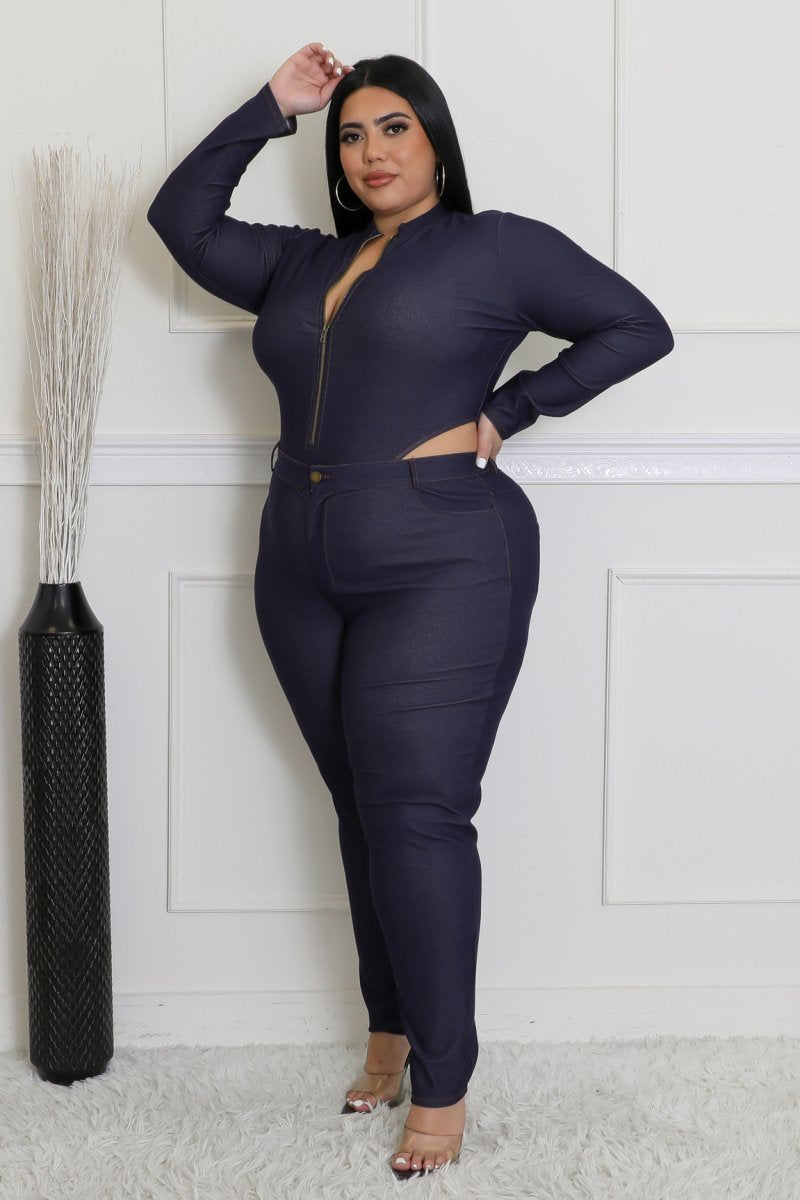 Plus Size Did It Again Bodysuit Pant Set(Dark Denim)