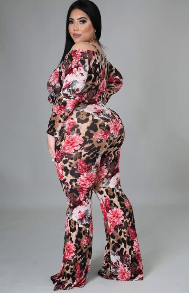 Plus size two piece leopard jumpsuit