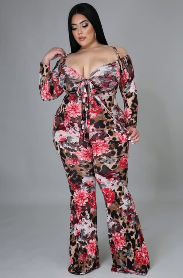 Plus size two piece leopard jumpsuit